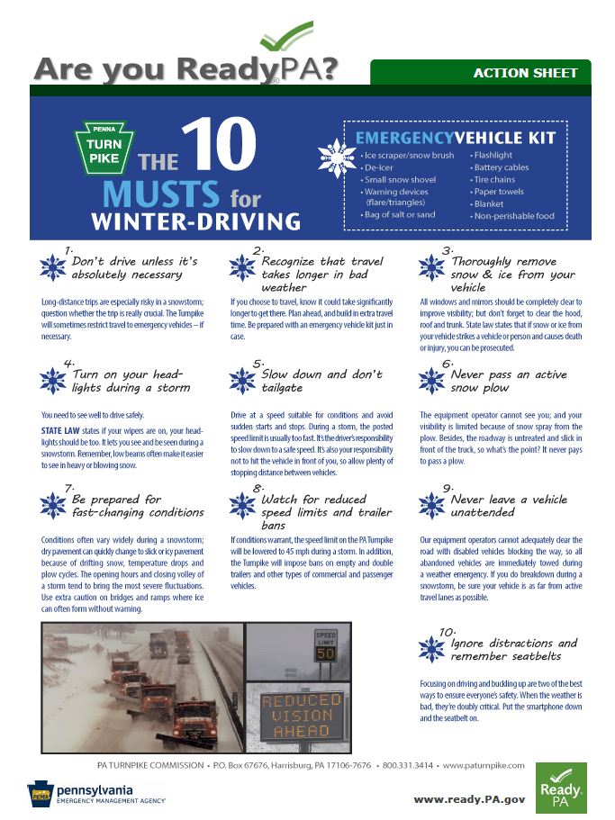 The 10 Musts for Winter Driving fact sheet with emergency vehicle kit and other information