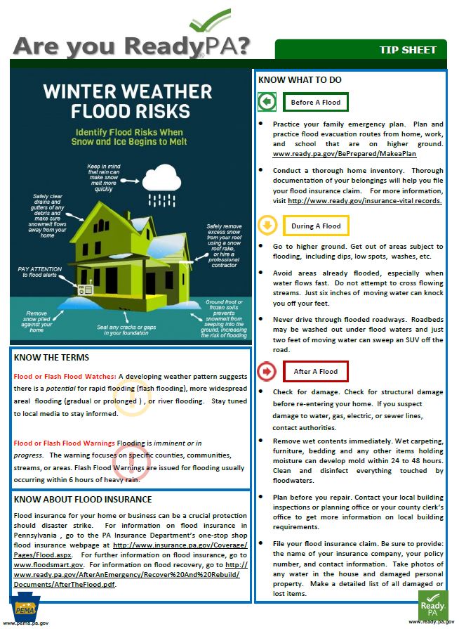 Are you Ready PA Tip Sheet about Winter Weather Flood Risks