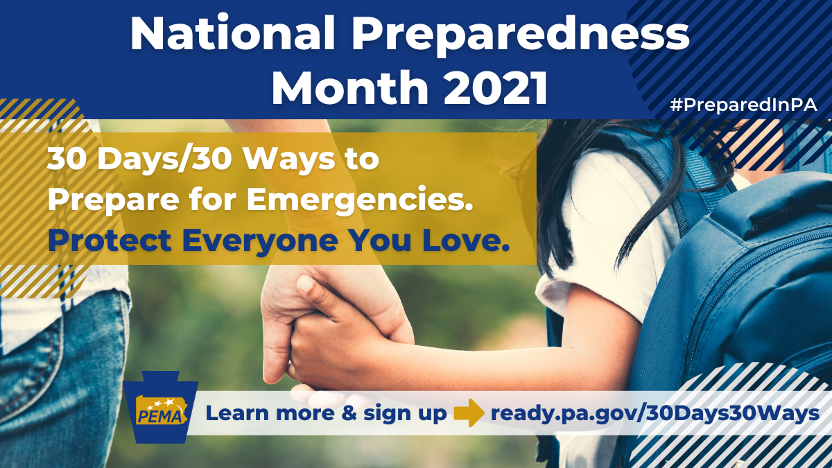Graphic of an adult holding a child's hand and "National Preparedness Month 2021. 30 Days/30 Ways to Prepare for Emergencies"