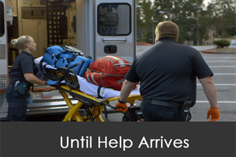 Two people putting equipment into ambulance with text "until help arrives"