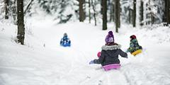 Three children sledding in the snow outside