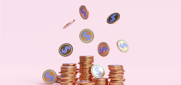 Illustration of shiny coins falling on a pink background.